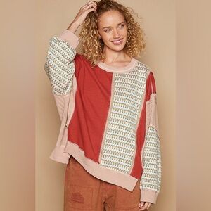 POL Pink Beige crochet patchwork floral boho sleeve distressed bohemian sweater